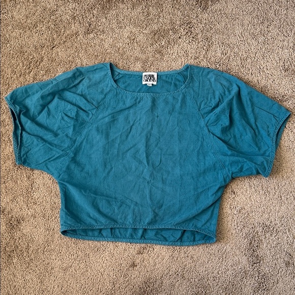 Prairie Underground Teal Puff Short Sleeve Waist Length Linen Blend Top - Picture 1 of 6